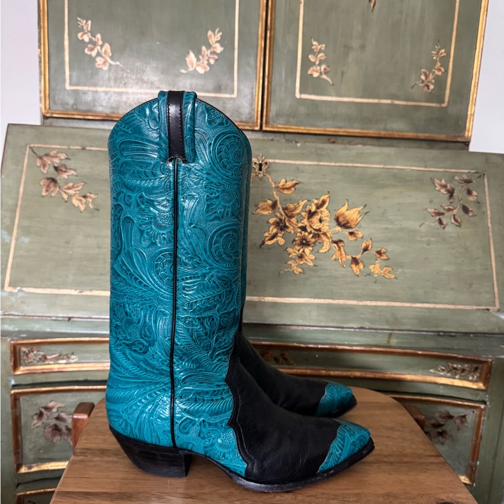 Osuna (Santa Fe) tooled teal + black cowboy boots